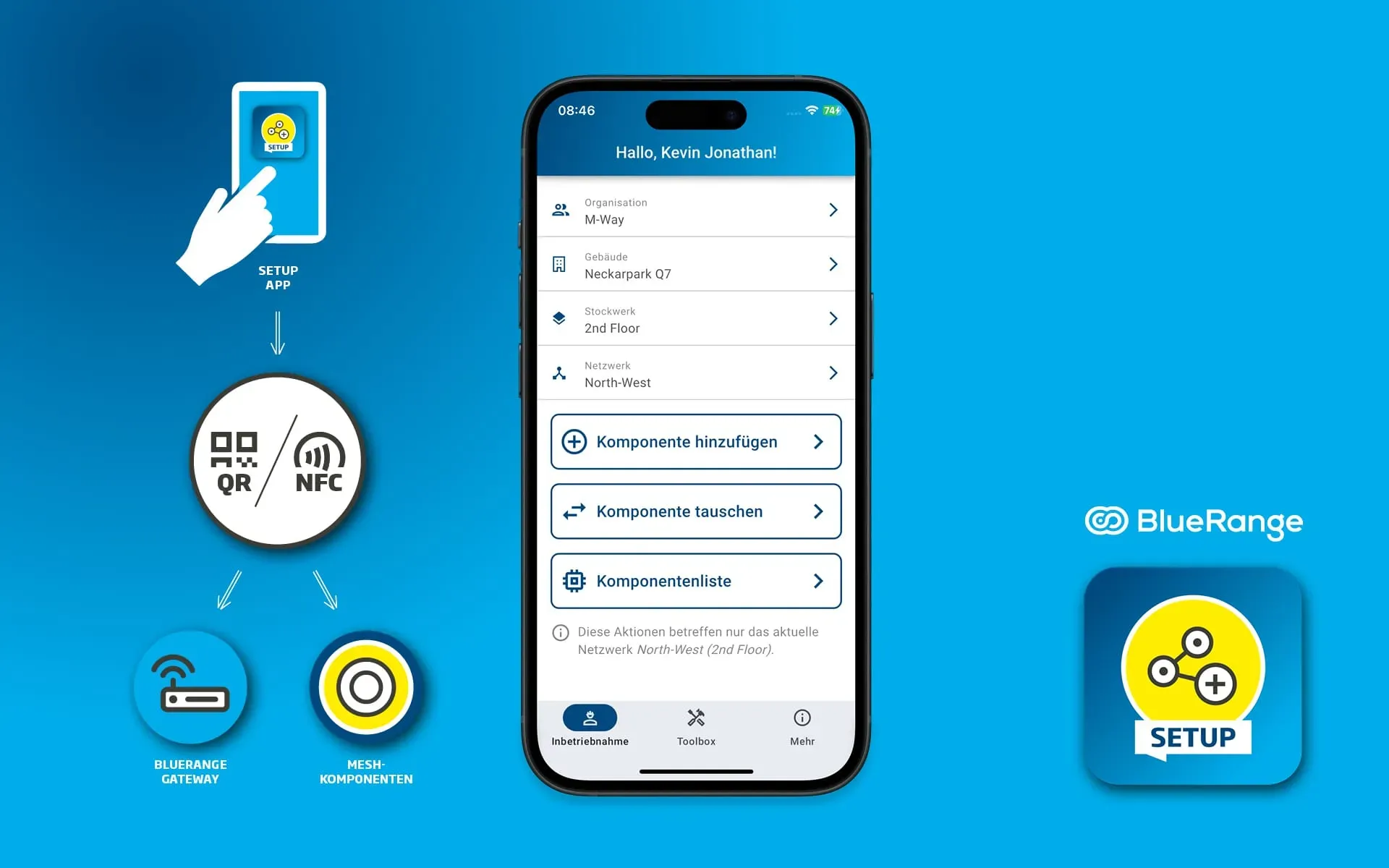 Inbetriebnahme vor Ort: Mit der BlueRange Setup App lassen sich Gateways und BlueRange-Mesh-Komponenten über BLE ins Netzwerk einbinden. Sicherheit geht vor: Der „Sicherheitsschlüssel“ wird per QR- oder NFC-Scan eingelesen. Ideal für die digitale Gebäudeinbetriebnahme.