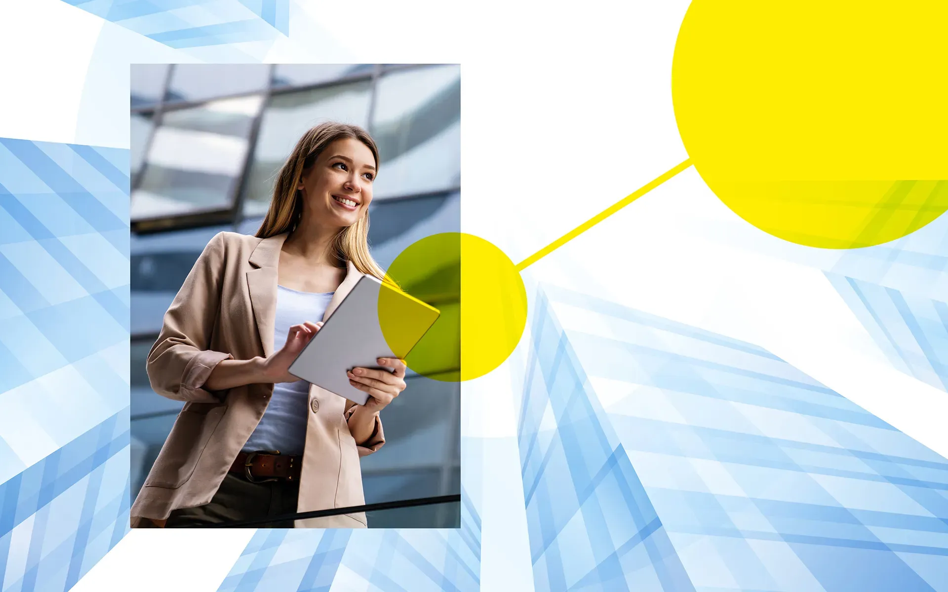 Junge Frau mit Tablet vor moderner Architektur, überlagert mit gelben Netzwerk-Kreisen.