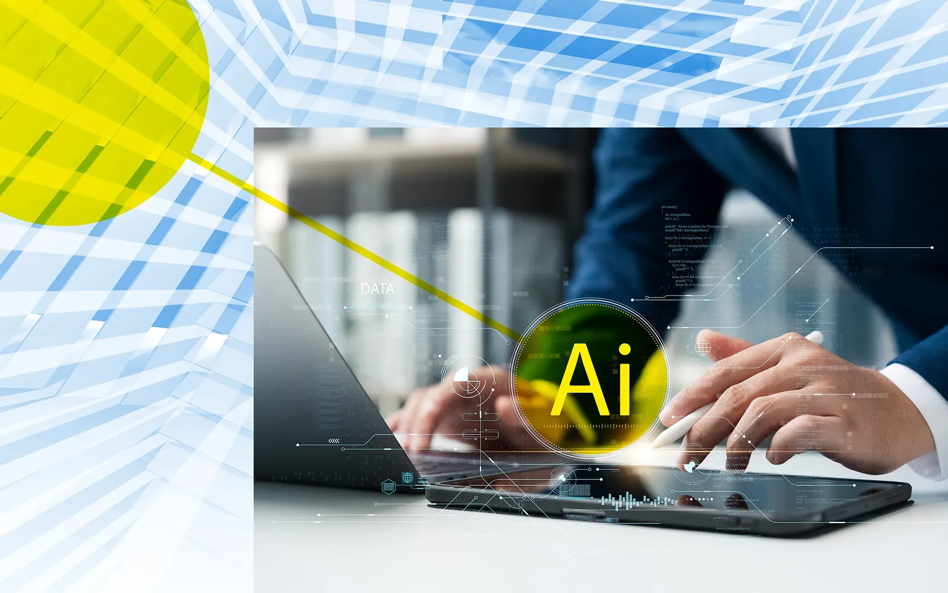 Abstraktes Glasgebäude mit gelben Netzwerk-Kreisen, ergänzt durch ein digitales Schloss als Symbol für IT-Sicherheit.