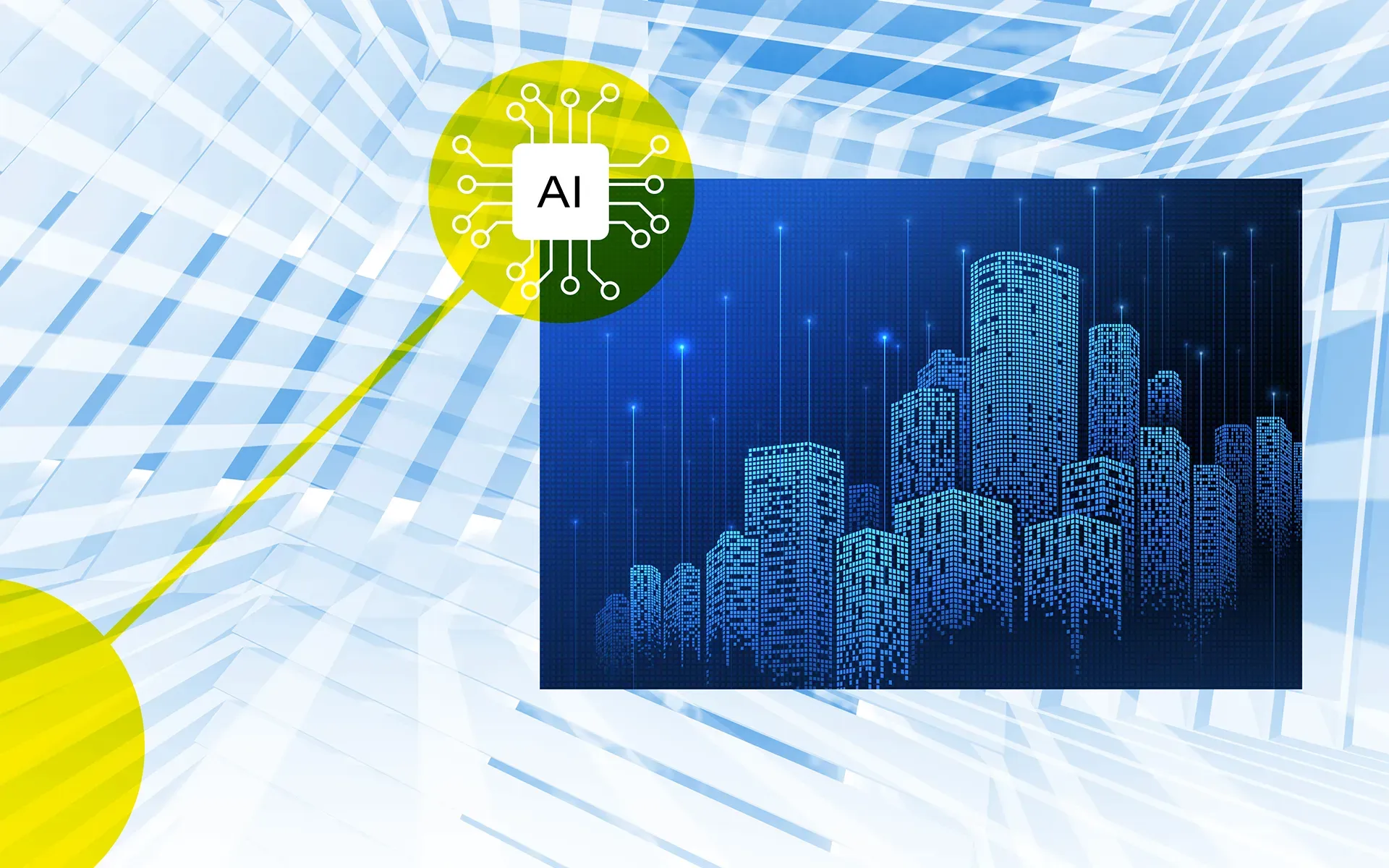 Abstraktes Glasgebäude mit gelben Netzwerk-Kreisen, ergänzt durch ein digitales Schloss als Symbol für IT-Sicherheit.