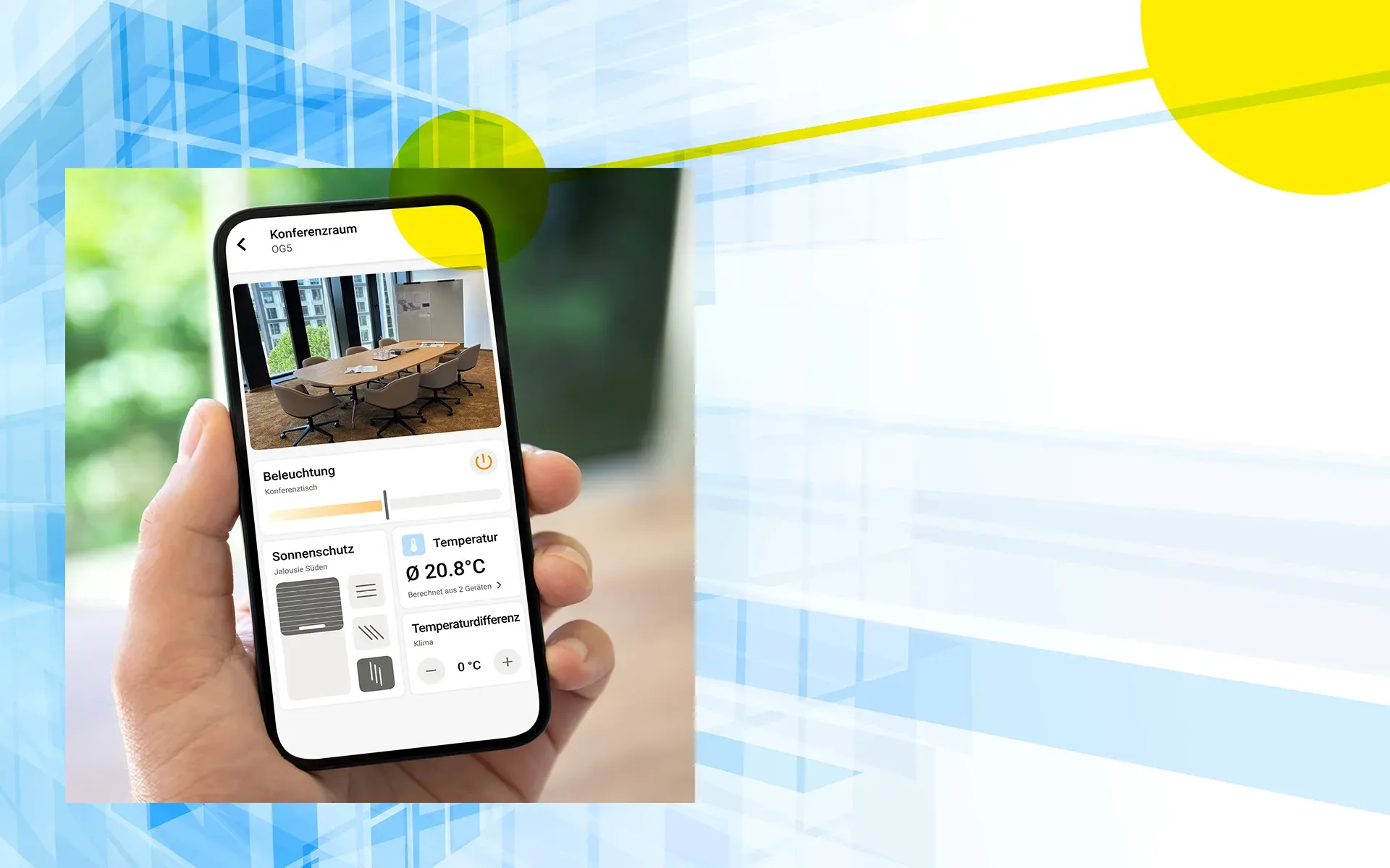 Hände arbeiten an einem Laptop, ergänzt durch KI-Grafiken und gelbe Netzwerk-Kreise.