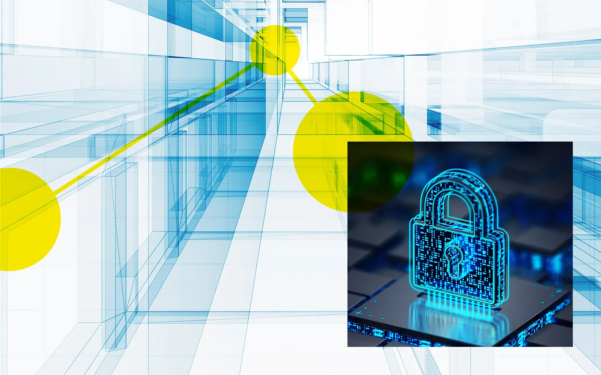 Hand hält ein Smartphone mit BlueRange-App, eingebettet in abstraktes Glas- und Netzwerk-Design.