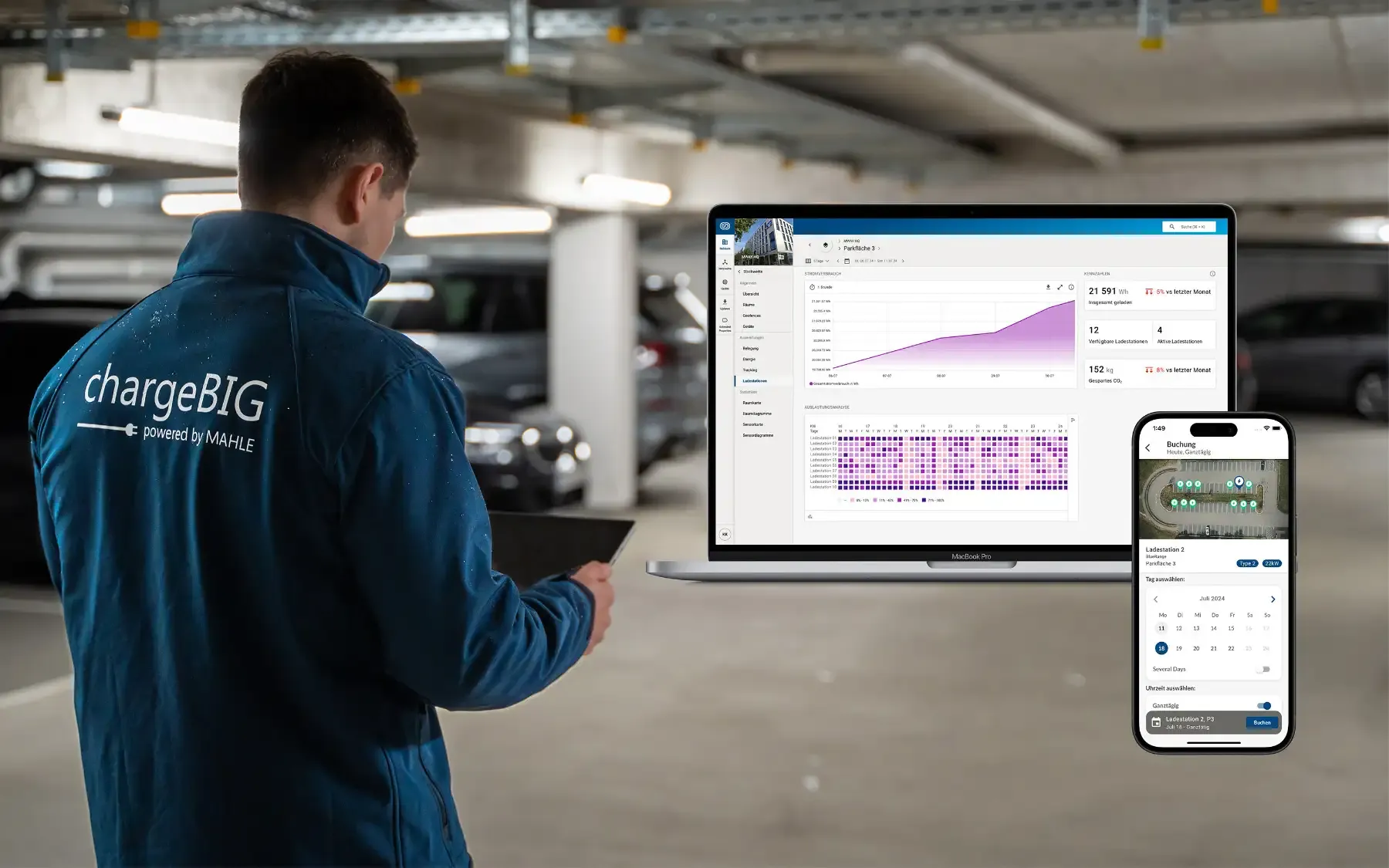 Foto eines chargeBIG-Mitarbeiters und Darstellung der BlueRange-App auf einem Laptop sowie einem Smartphone!