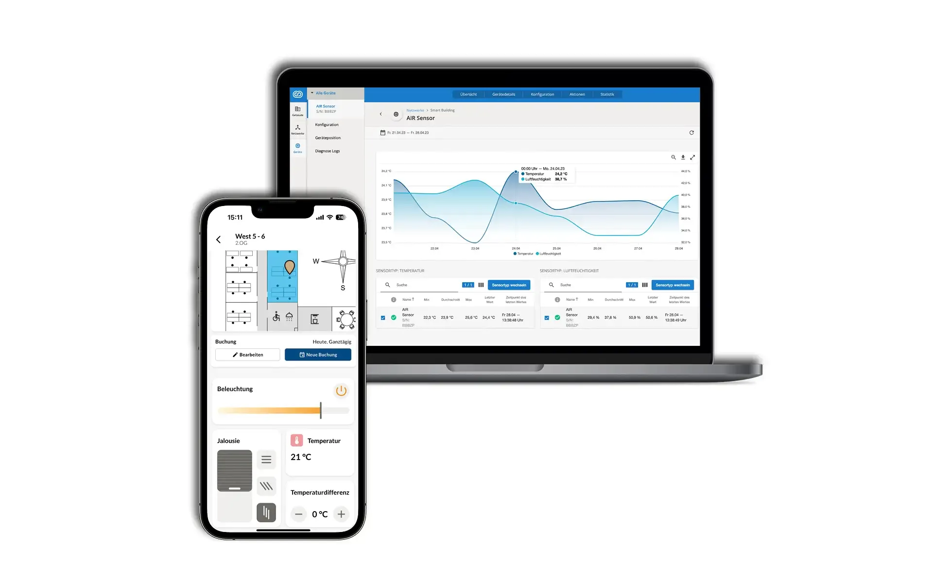 Ein Smartphone und ein Laptop auf denen jeweils BlueRange geöffnet ist