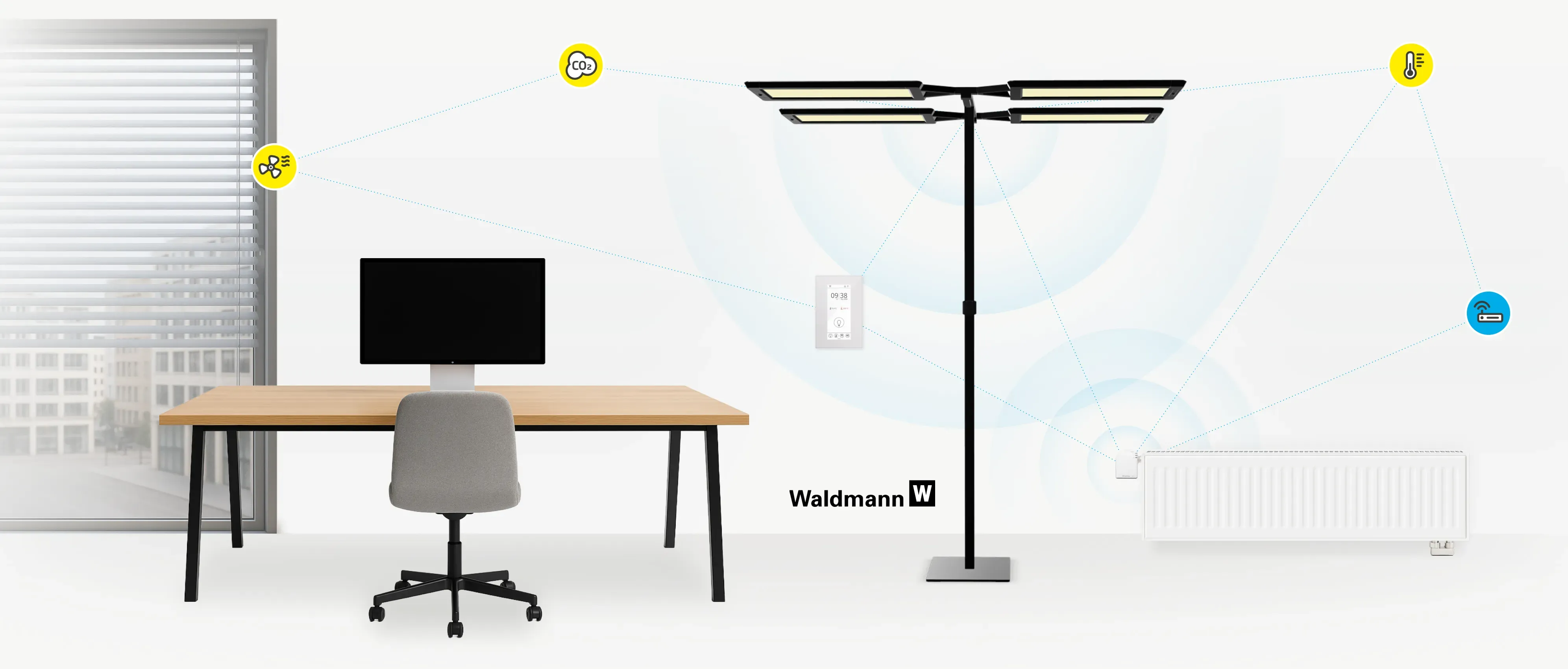 Illustrative Darstellung eines Büros in dem das Zusammenspiel verschiedener Komponenten mit BlueRange gezeigt wird.