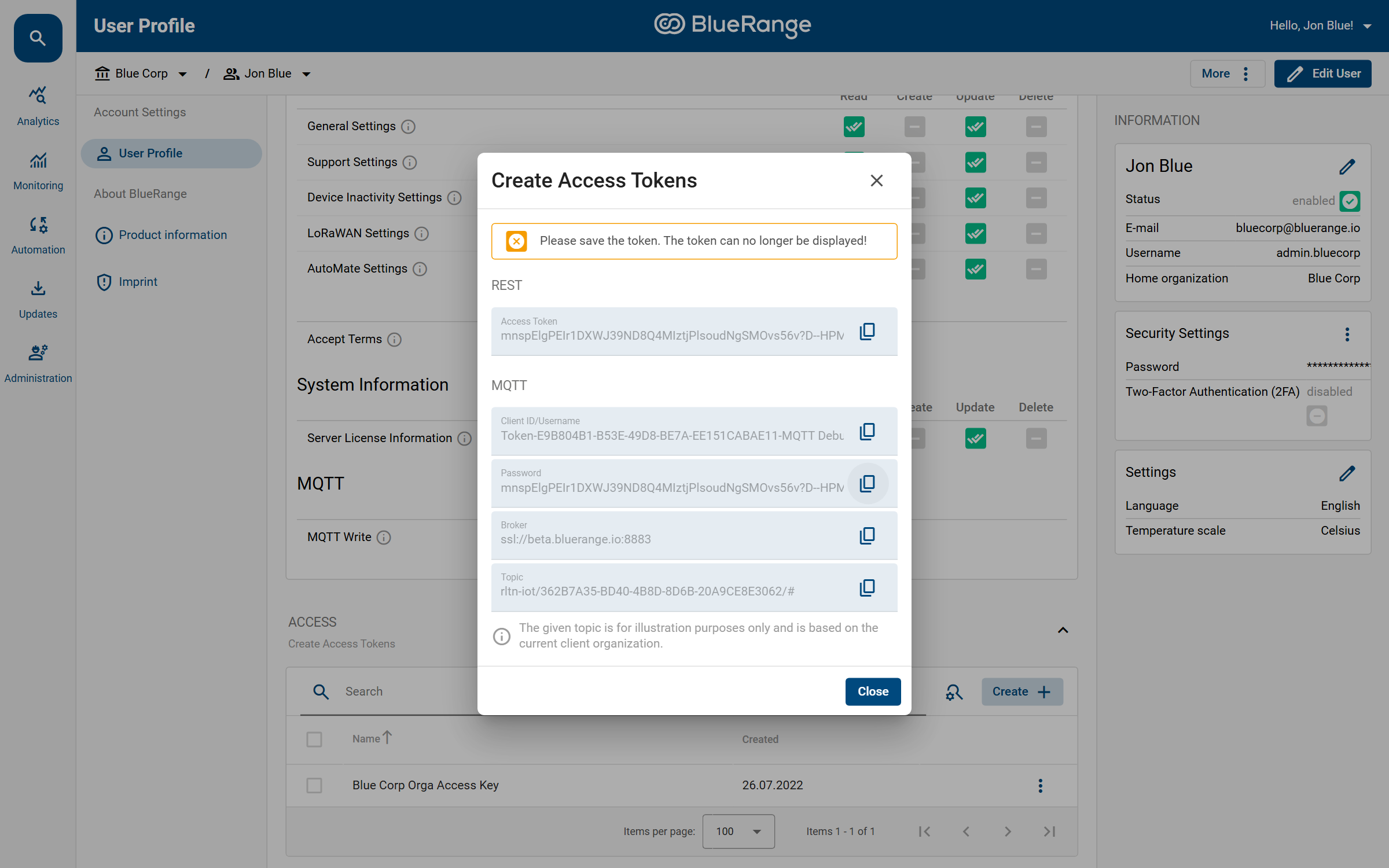 The token and MQTT credentials are shown once