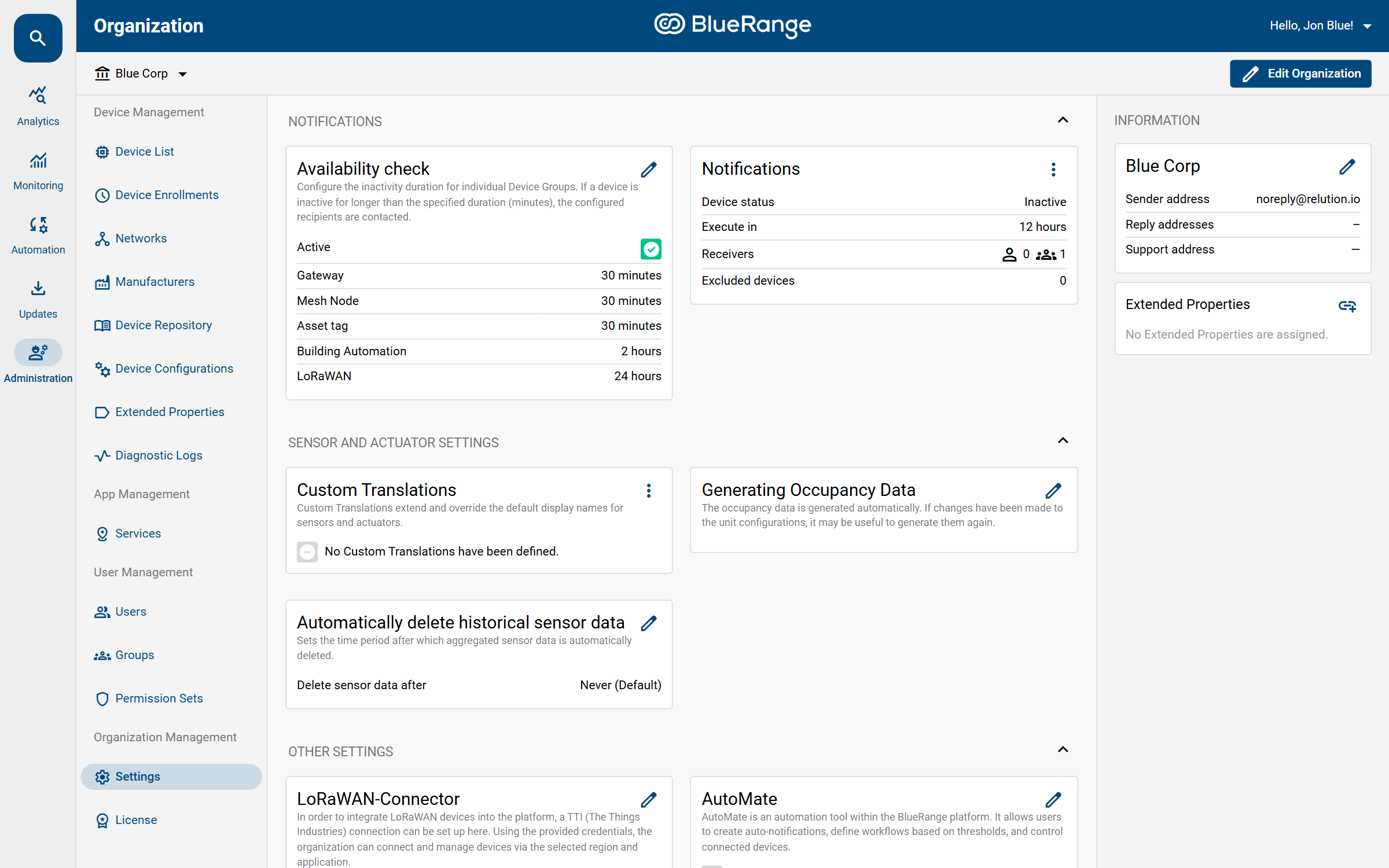 The organization settings page