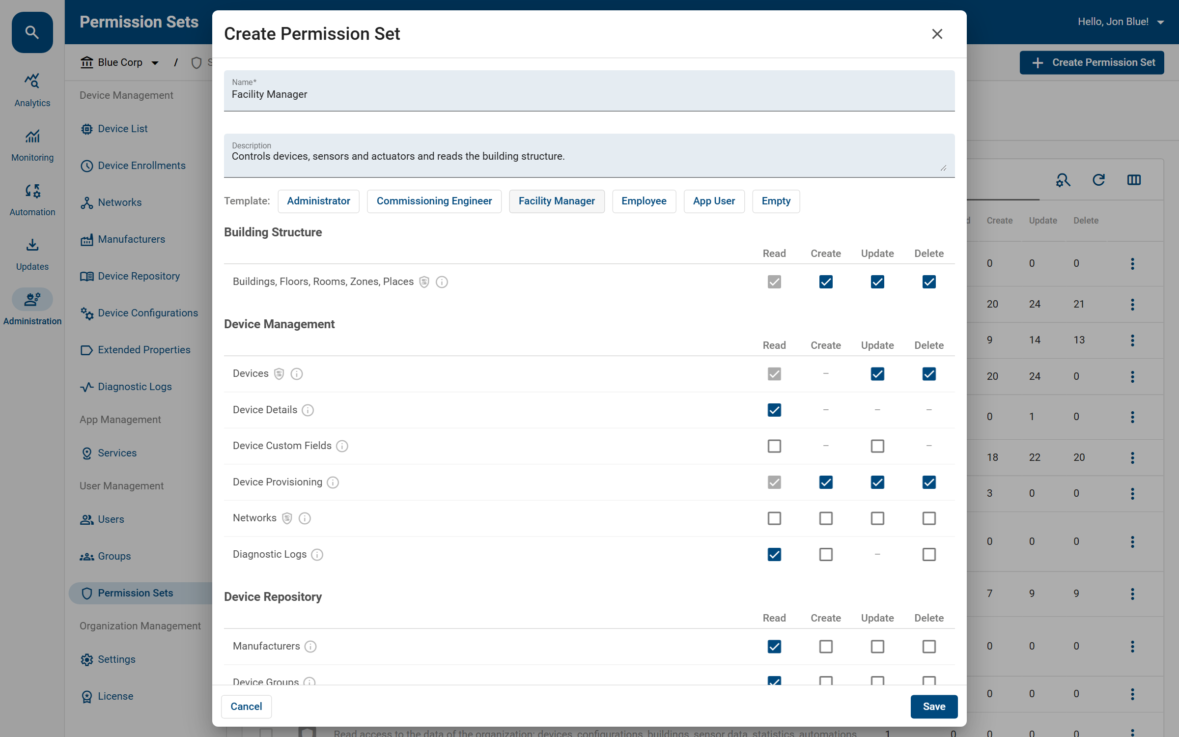 Creating a permission set from the Facility Manager template