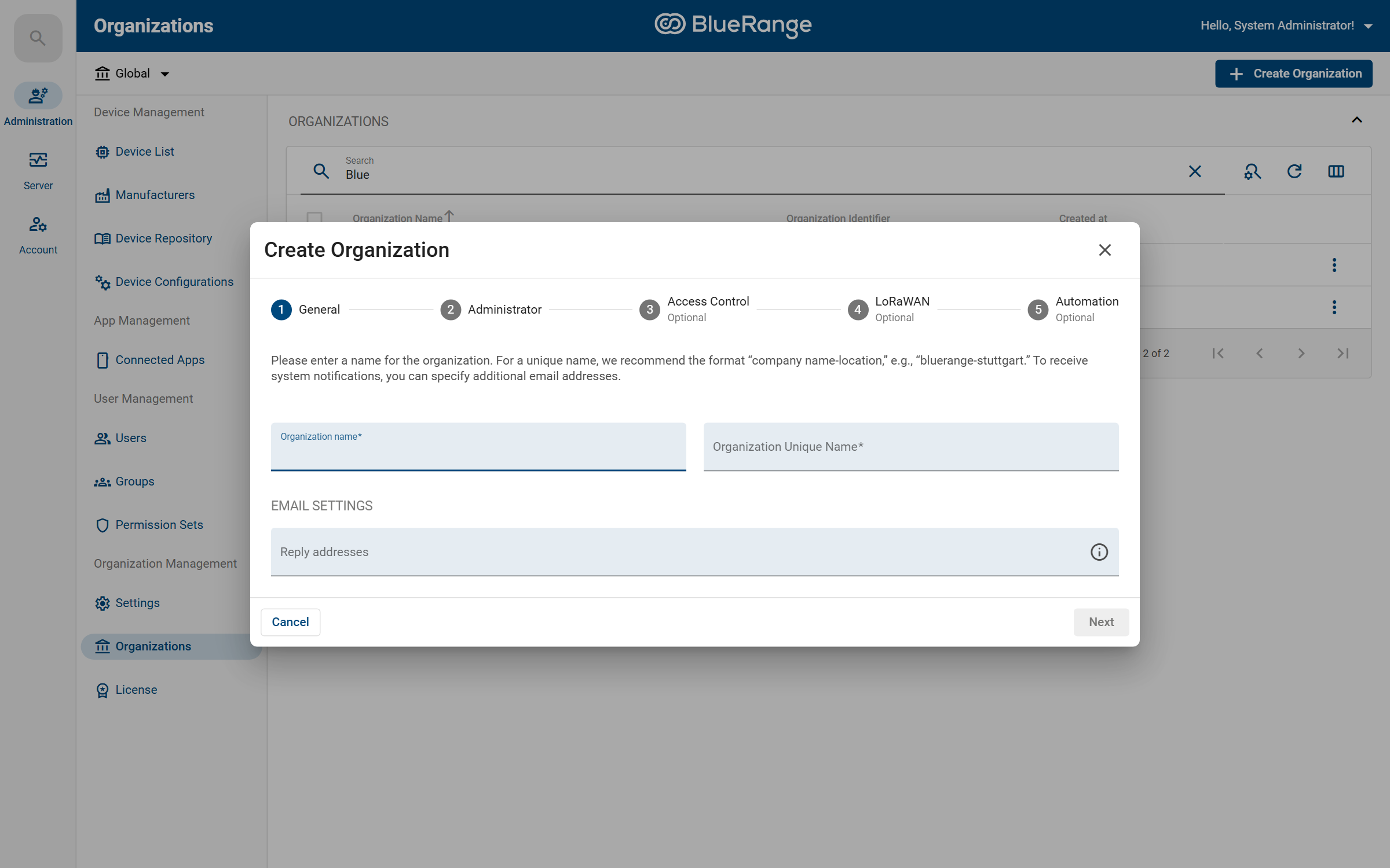 The Create Organization wizard