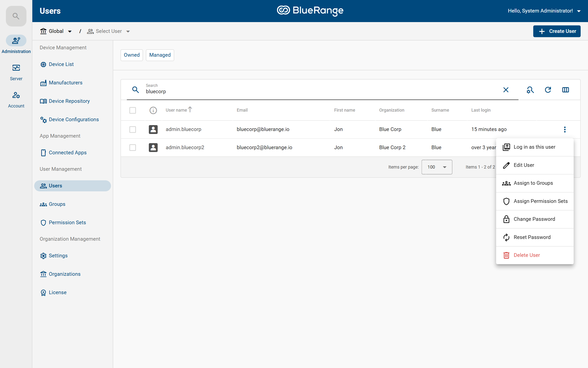 The system-wide user list with the Organization column and the user context menu