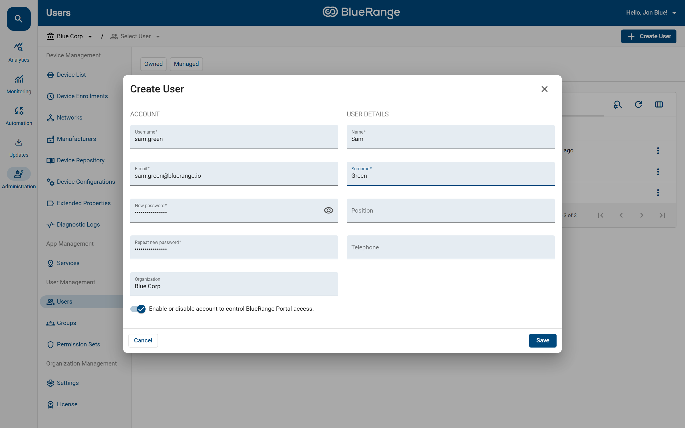 The Create User dialog