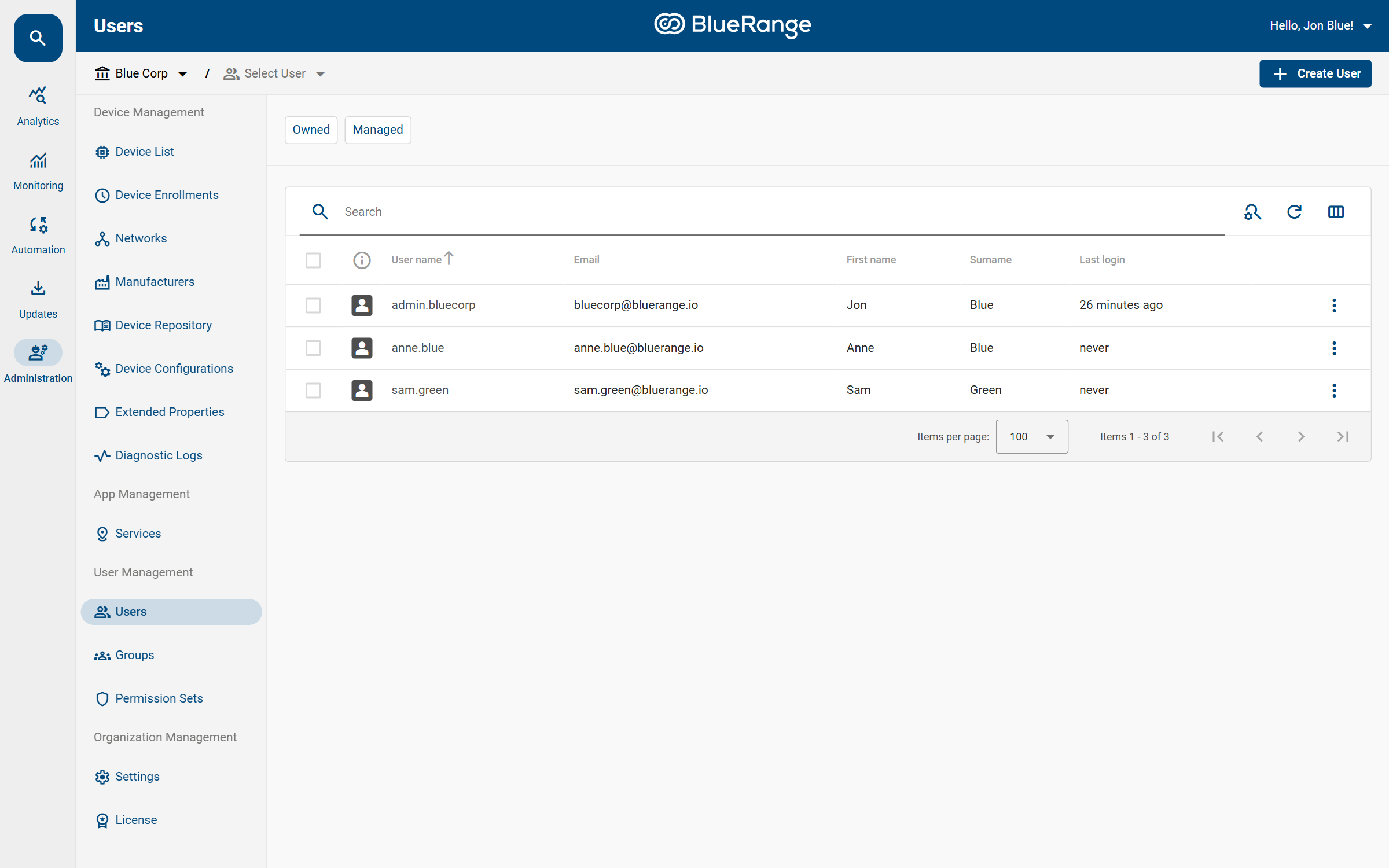 The user list in the Administration module