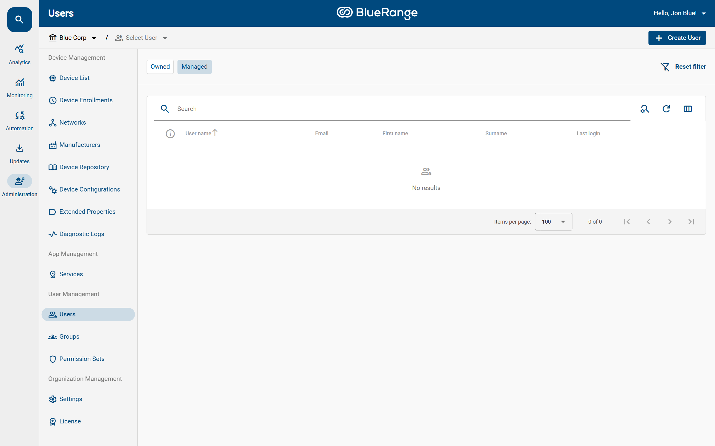 The Managed tab lists users provided by an external directory